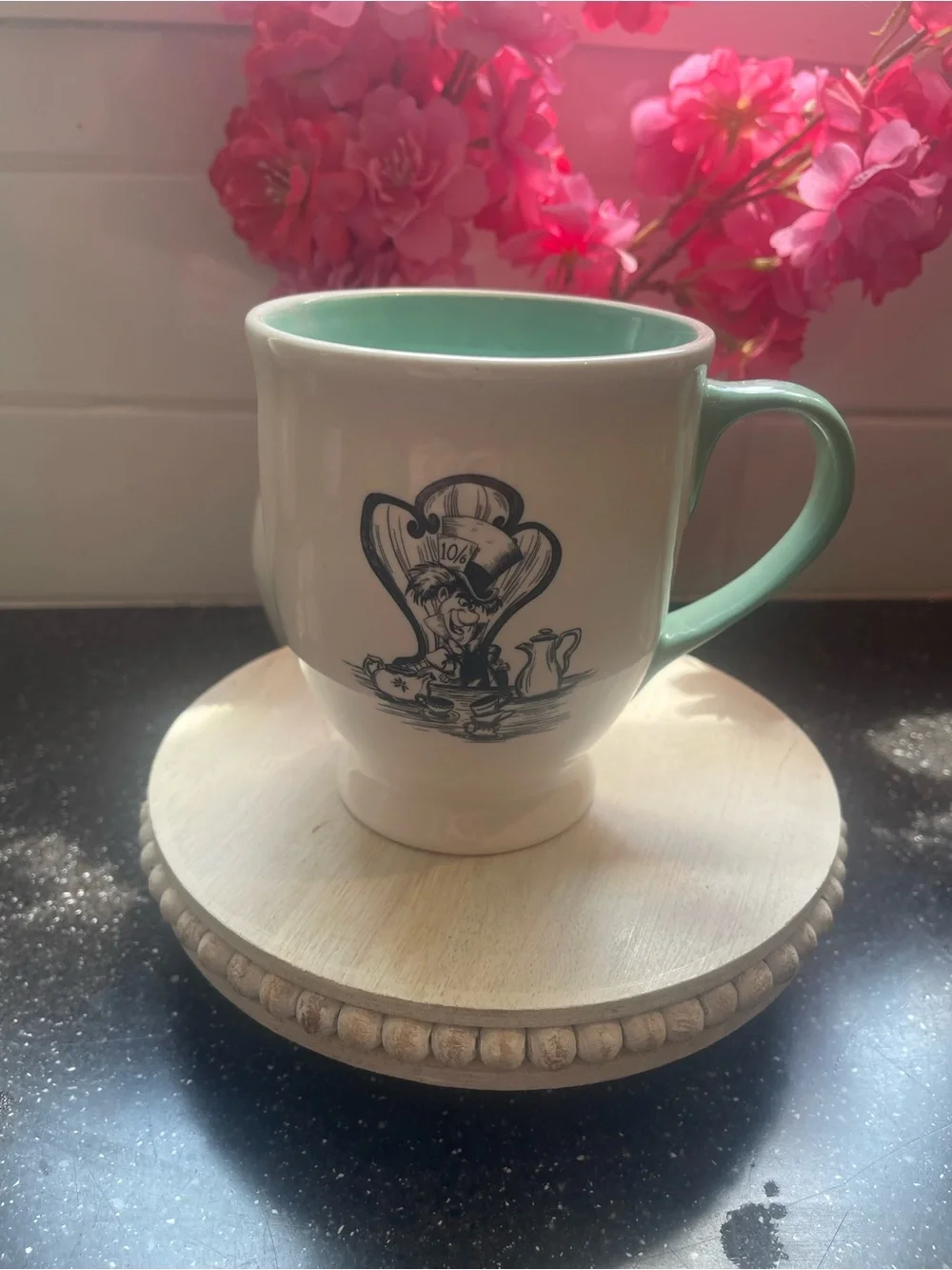 Rae Dunn White Mug with Mint Interior and Handle - "mad as a hatter" - Picture 2 of 4